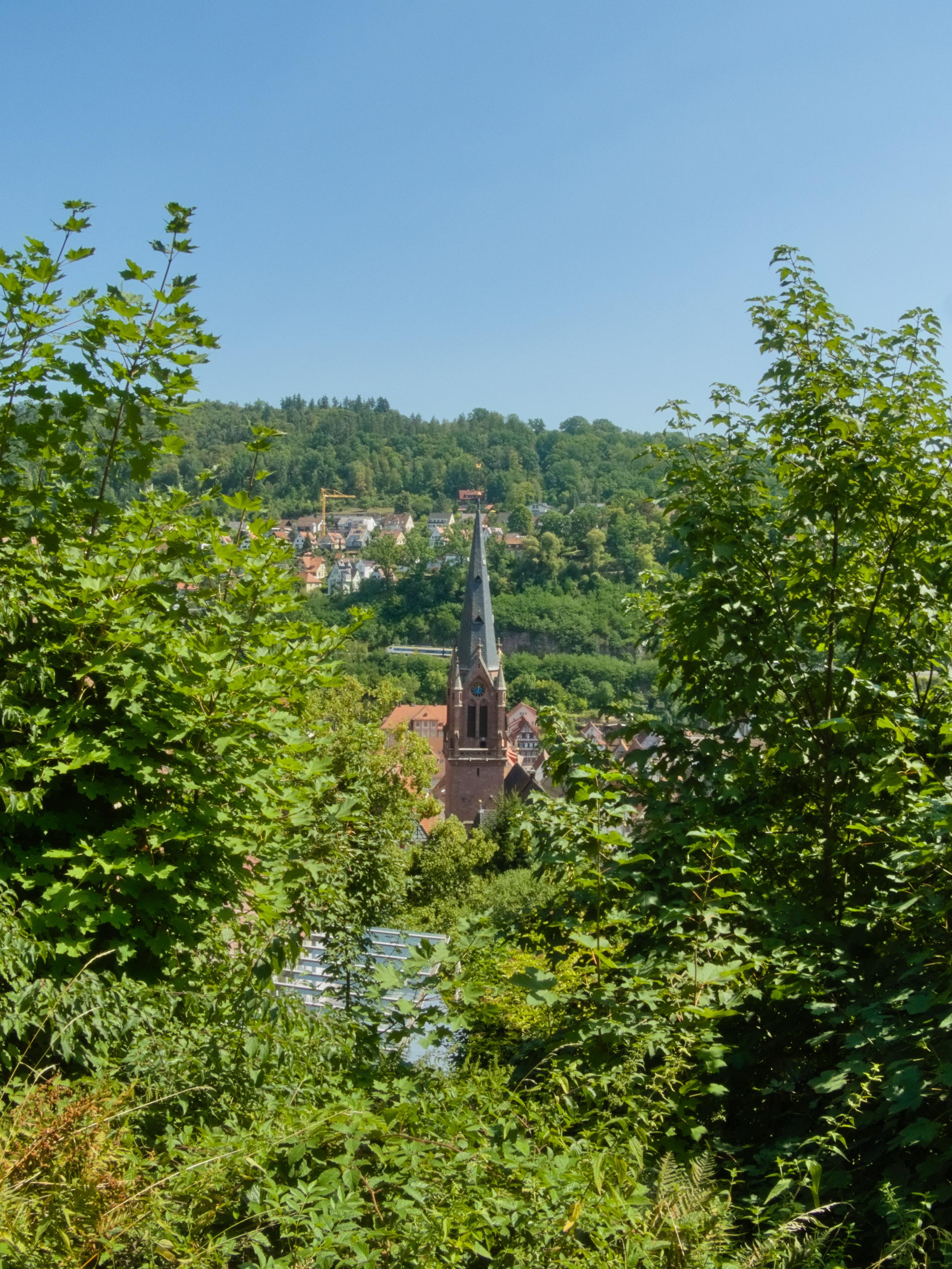 Im Zentrum eine neugotische Kirche, vor allem der Kirchturm ist zu sehen. Aufgenommen von einem erhöhten Standpunkt. Zwischen Büschen hindurch fotografiert.