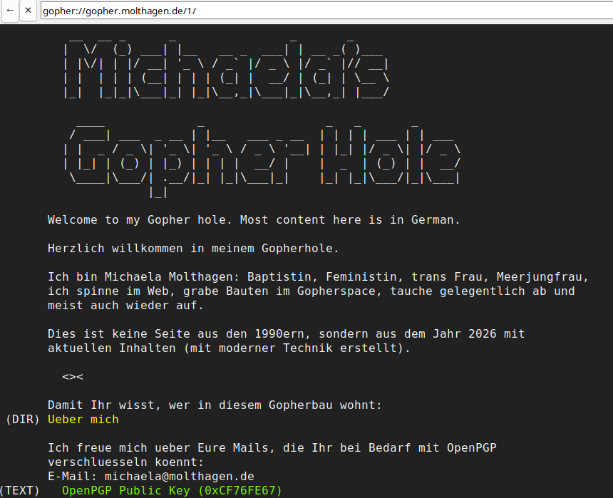 Screenshot eines Gopherholes mit einer ASCII-Grafik mit dem Schriftzug "Michaela's Gopher Hole". Darunter die ersten Zeilen der Titelseite "Welcome to my Gopher home". Zu sehen ist auch die Adresse, gopher://gopher.molthagen.de/1/